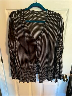 Fred and David Black and White Polka Dot V-Neck Peplum Blouse